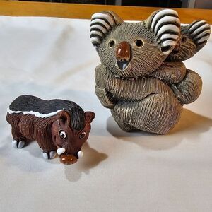 Vintage Hand Carved Koala and Warthog Clay Peruvian Figurines
